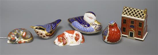 Six Royal Crown Derby flask paperweights, modelled as a cat, a dog, three birds and a country pub The Ram tallest 11cm